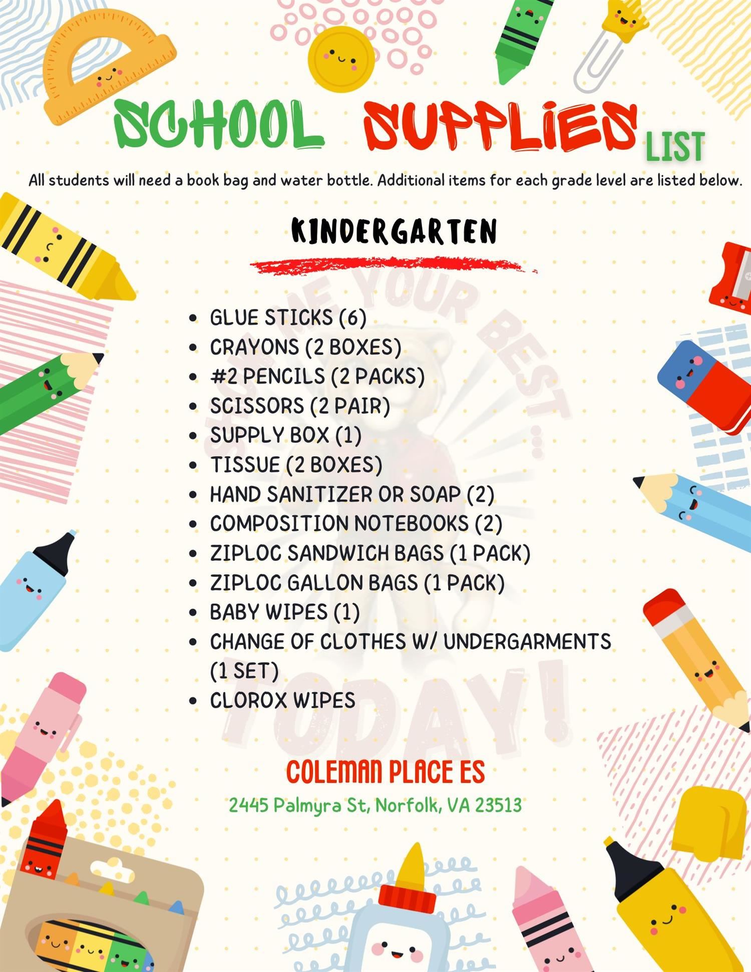 Kindergarten Supply List